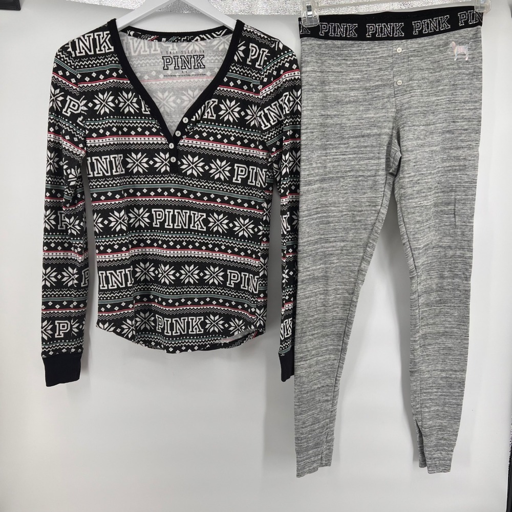 VS PINK Pajama Set Women Medium Cotton Henley Thermal Leggings Sleepwear Holiday